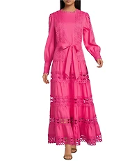 Layered With Love Woven Cotton Crew Neck Blouson Sleeves Belted Crochet Trim A-Line Maxi Dress