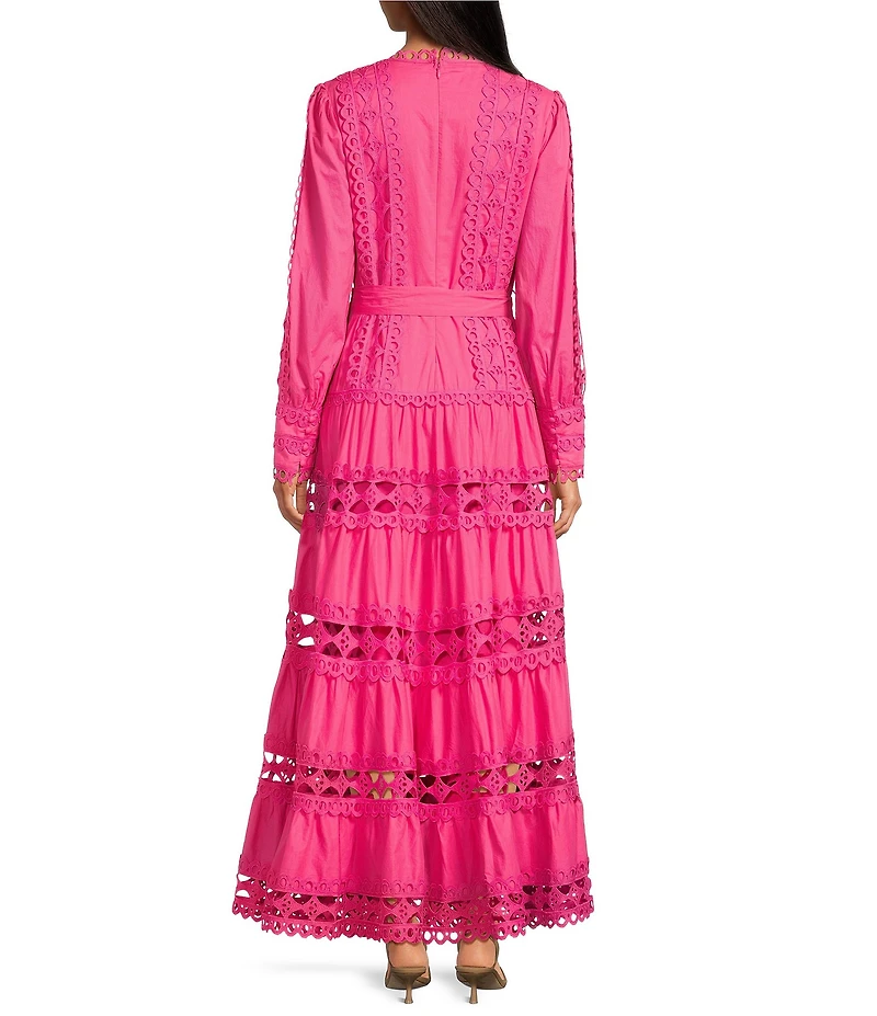 Layered With Love Woven Cotton Crew Neck Blouson Sleeves Belted Crochet Trim A-Line Maxi Dress