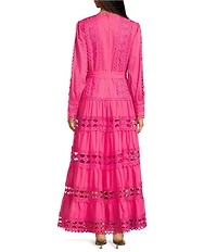 Layered With Love Woven Cotton Crew Neck Blouson Sleeves Belted Crochet Trim A-Line Maxi Dress