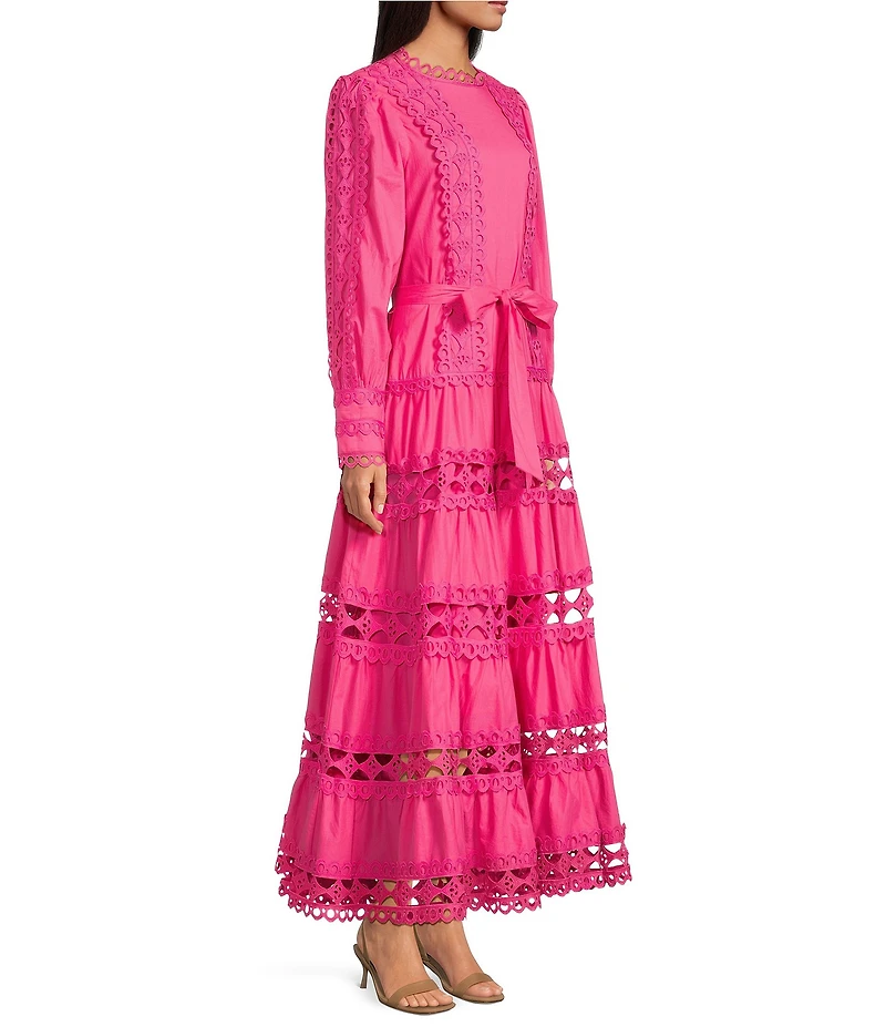 Layered With Love Woven Cotton Crew Neck Blouson Sleeves Belted Crochet Trim A-Line Maxi Dress