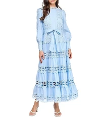 Layered With Love Woven Cotton Crew Neck Blouson Sleeves Belted Crochet Trim A-Line Maxi Dress