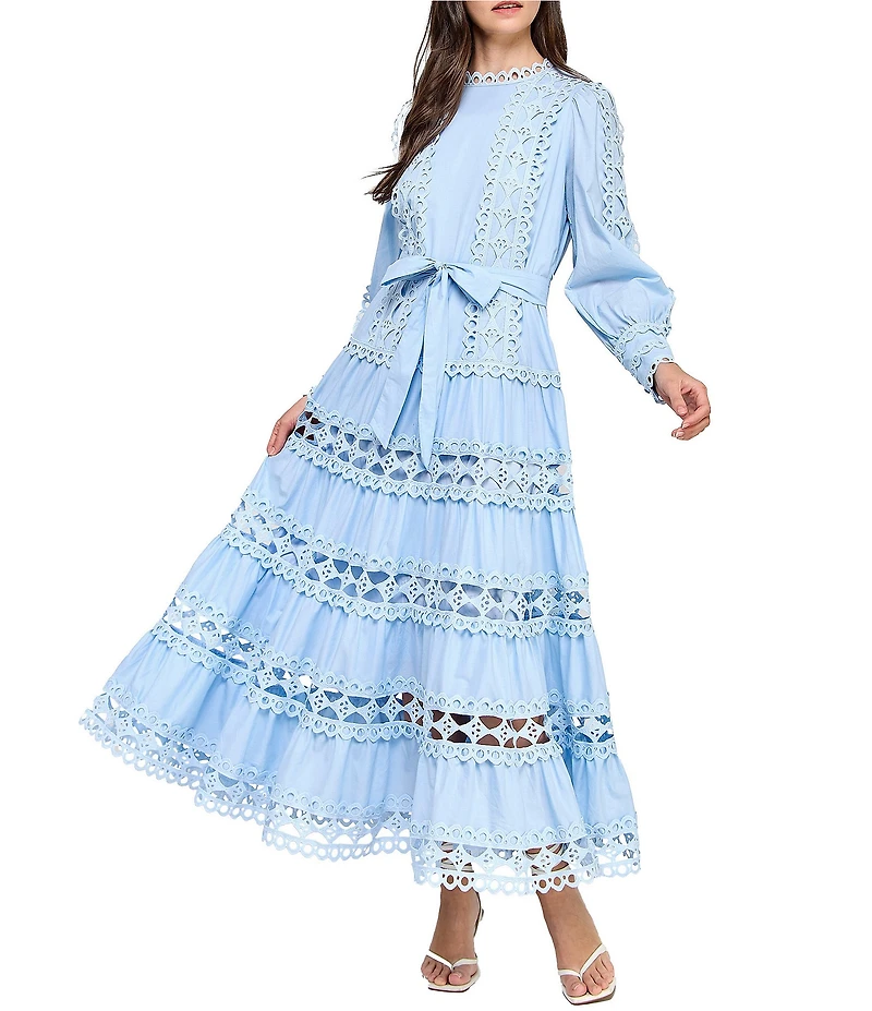 Layered With Love Woven Cotton Crew Neck Blouson Sleeves Belted Crochet Trim A-Line Maxi Dress