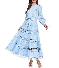 Layered With Love Woven Cotton Crew Neck Blouson Sleeves Belted Crochet Trim A-Line Maxi Dress