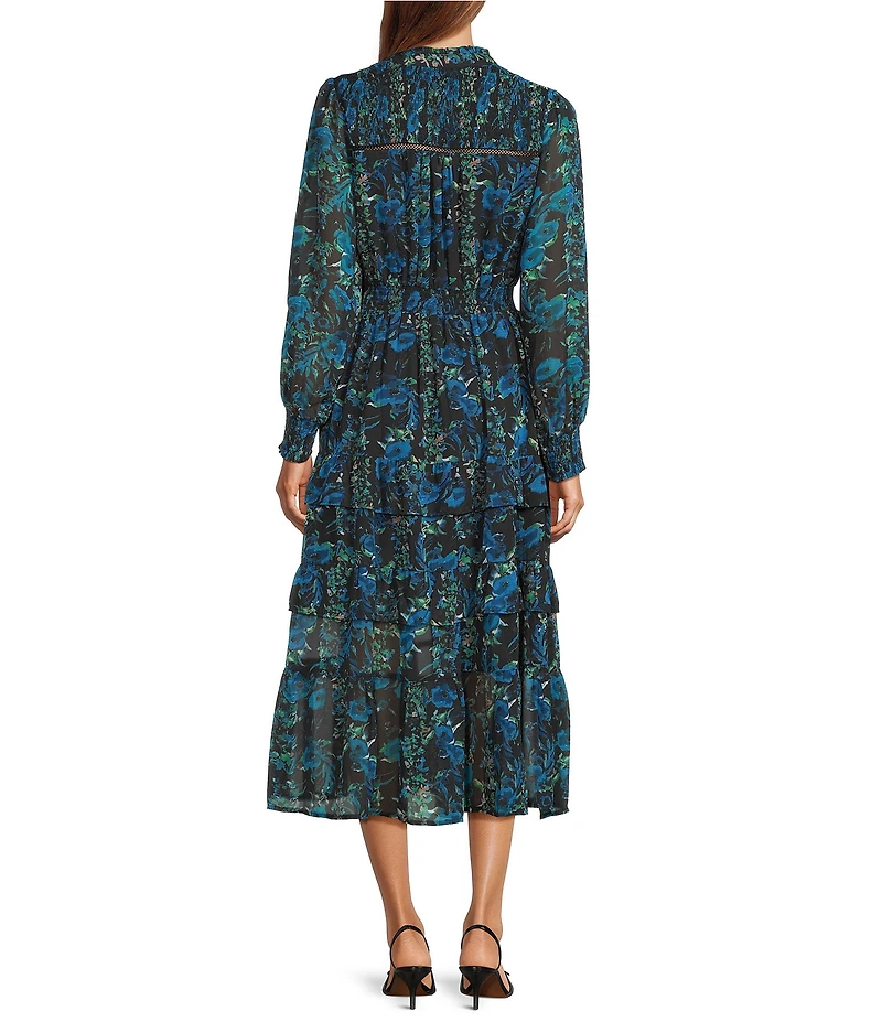 Layered With Love Yvonne Chiffon Floral V-Neck Long Sleeve Smocked Tassel Tie Maxi Dress