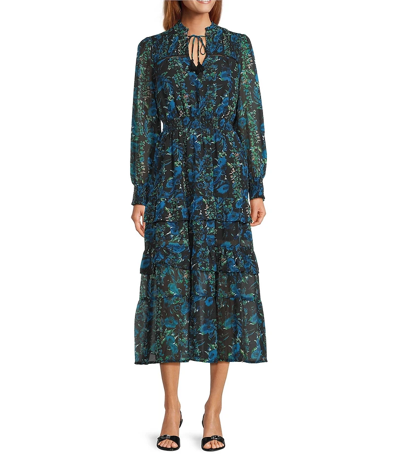 Layered With Love Yvonne Chiffon Floral V-Neck Long Sleeve Smocked Tassel Tie Maxi Dress
