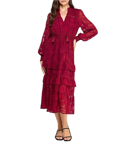 Layered With Love Yvonne Jacquard Lace Tassel V-Neck Smocked Waist Long Sleeve A-Line Midi Dress