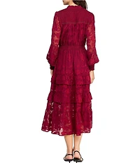 Layered With Love Yvonne Jacquard Lace Tassel V-Neck Smocked Waist Long Sleeve A-Line Midi Dress