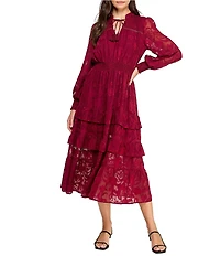 Layered With Love Yvonne Jacquard Lace Tassel V-Neck Smocked Waist Long Sleeve A-Line Midi Dress