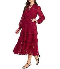 Layered With Love Yvonne Jacquard Lace Tassel V-Neck Smocked Waist Long Sleeve A-Line Midi Dress