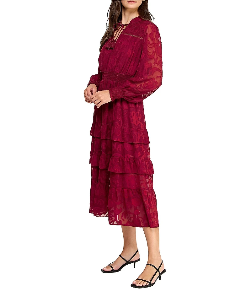 Layered With Love Yvonne Jacquard Lace Tassel V-Neck Smocked Waist Long Sleeve A-Line Midi Dress