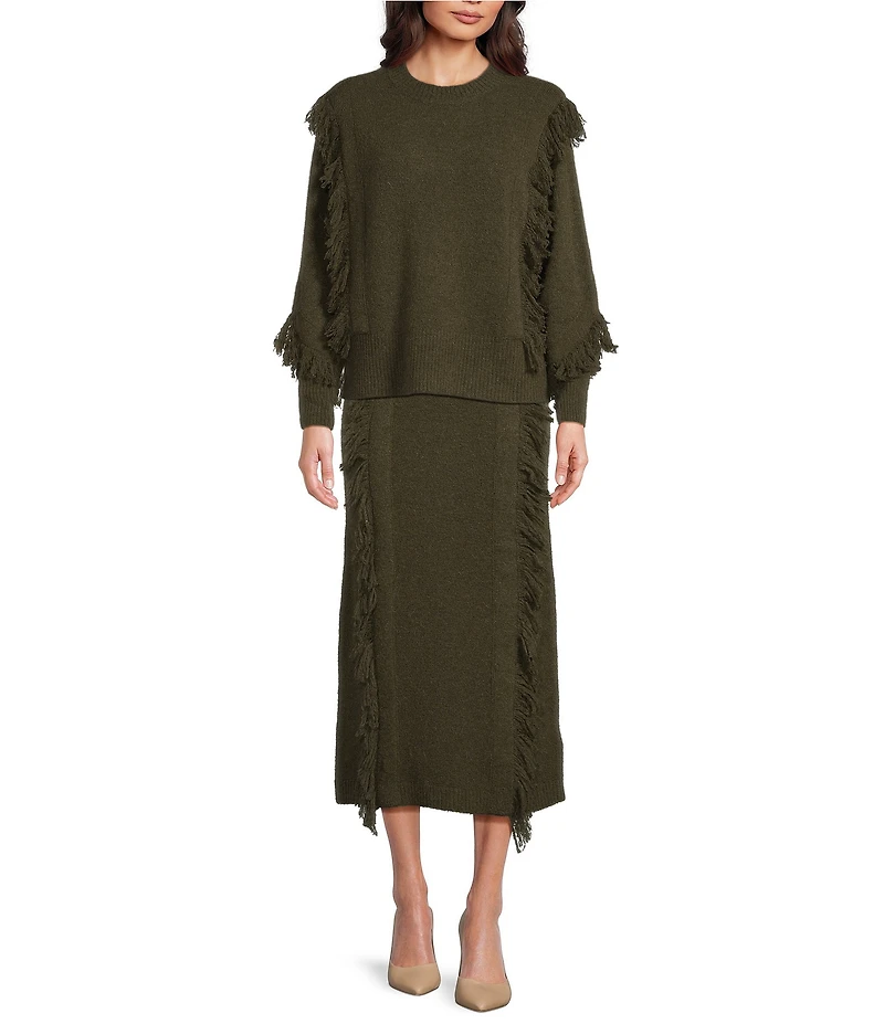 Le' AL.X Alpaca Wool Blend Knit Fringed Crew Neck Long Sleeve Pullover Coordinating Sweater