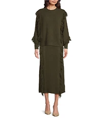 Le' AL.X Alpaca Wool Blend Knit Fringed Crew Neck Long Sleeve Pullover Coordinating Sweater