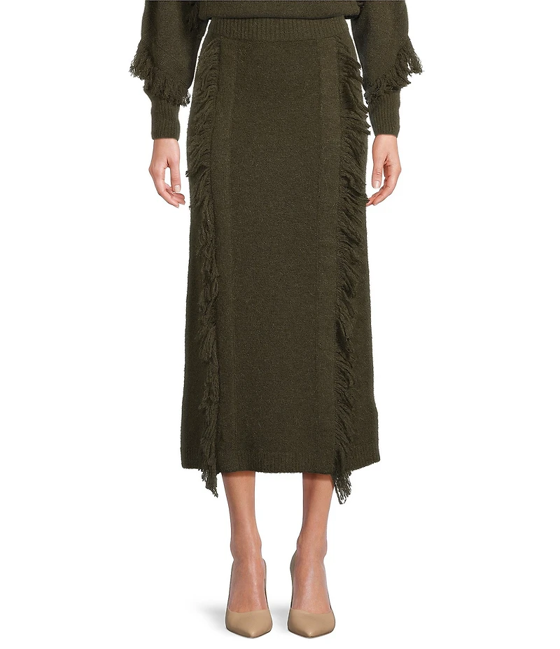 Le' AL.X Alpaca Wool Blend Knit Fringed High Rise Pencil Sweater Coordinating Maxi Skirt