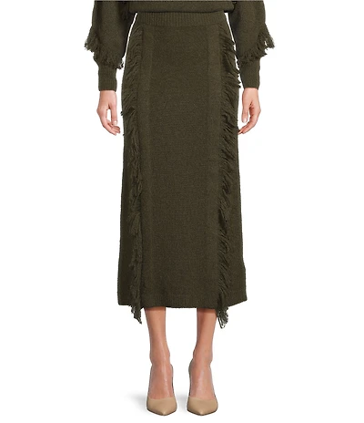 Le' AL.X Alpaca Wool Blend Knit Fringed High Rise Pencil Sweater Coordinating Maxi Skirt
