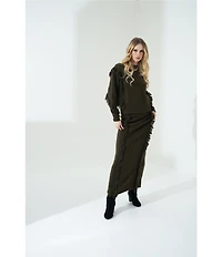 Le' AL.X Alpaca Wool Blend Knit Fringed High Rise Pencil Sweater Coordinating Maxi Skirt