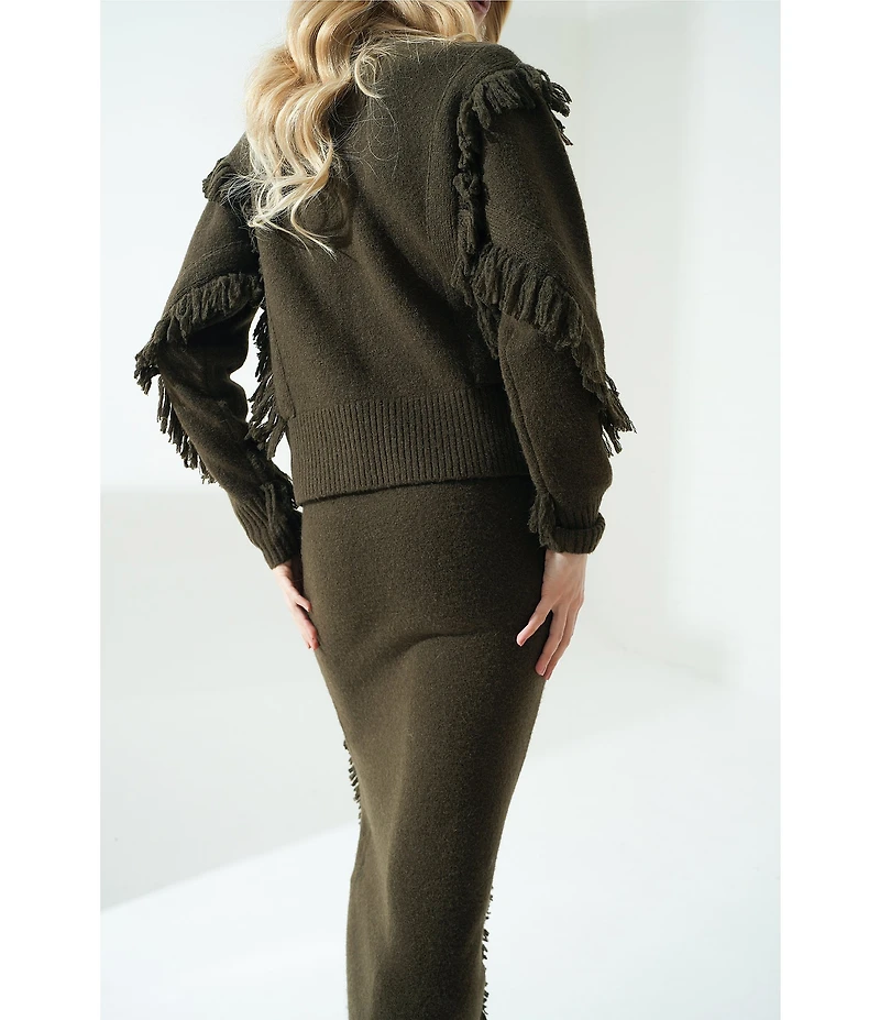 Le' AL.X Alpaca Wool Blend Knit Fringed High Rise Pencil Sweater Coordinating Maxi Skirt