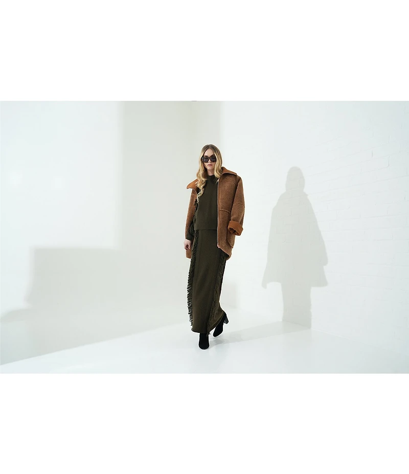 Le' AL.X Alpaca Wool Blend Knit Fringed High Rise Pencil Sweater Coordinating Maxi Skirt