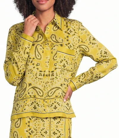 Le' AL.X Bandana Print Collared Long Sleeve Button Down Satin Coordinating Blouse
