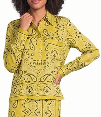 Le' AL.X Bandana Print Collared Long Sleeve Button Down Satin Coordinating Blouse