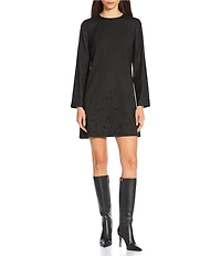 Le' AL.X Beaded Crew Neck Long Bell Sleeve Wool Blend Mini Dress