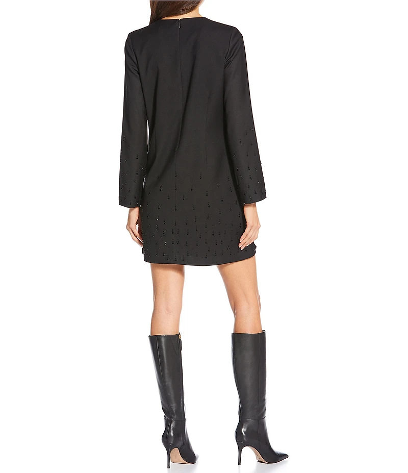 Le' AL.X Beaded Crew Neck Long Bell Sleeve Wool Blend Mini Dress
