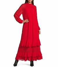Le' AL.X Chiffon Ruched Mock Neck Long Blouson Sleeve Tiered Ruffle Shift Maxi Dress