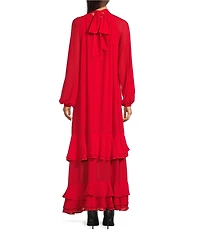 Le' AL.X Chiffon Ruched Mock Neck Long Blouson Sleeve Tiered Ruffle Shift Maxi Dress