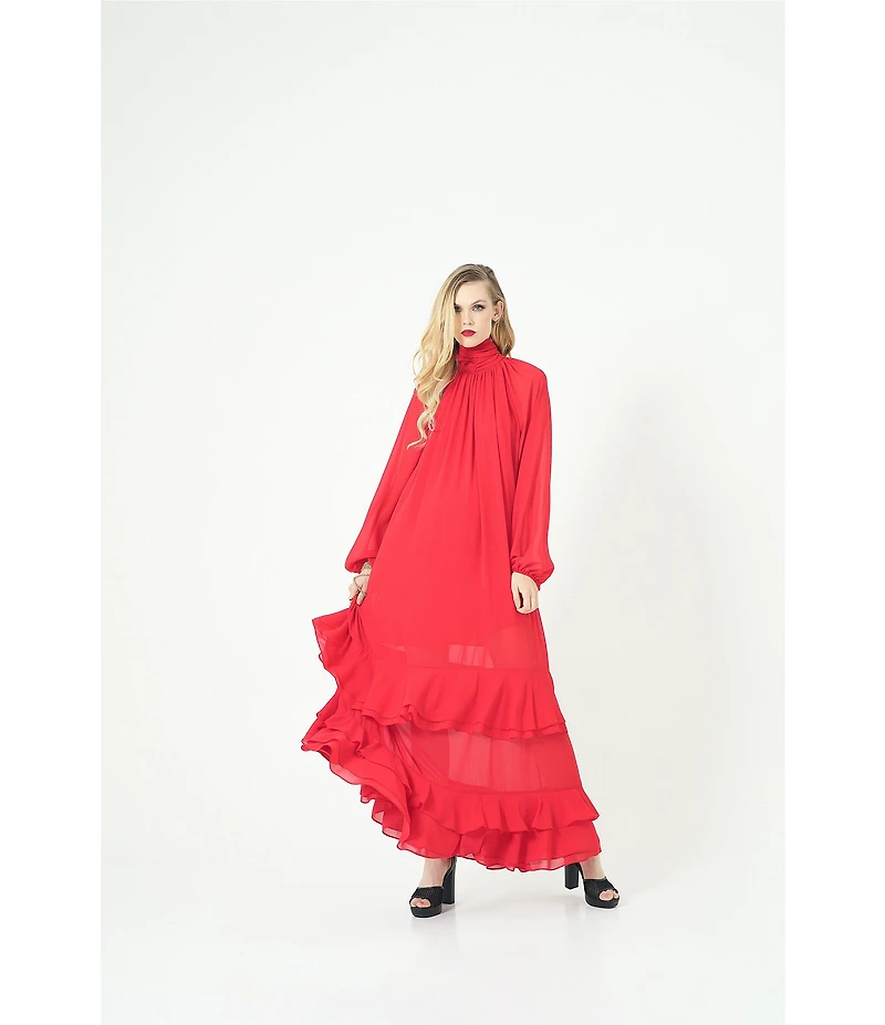 Le' AL.X Chiffon Ruched Mock Neck Long Blouson Sleeve Tiered Ruffle Shift Maxi Dress
