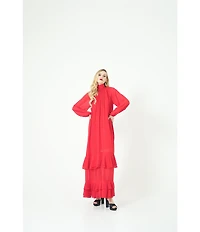 Le' AL.X Chiffon Ruched Mock Neck Long Blouson Sleeve Tiered Ruffle Shift Maxi Dress