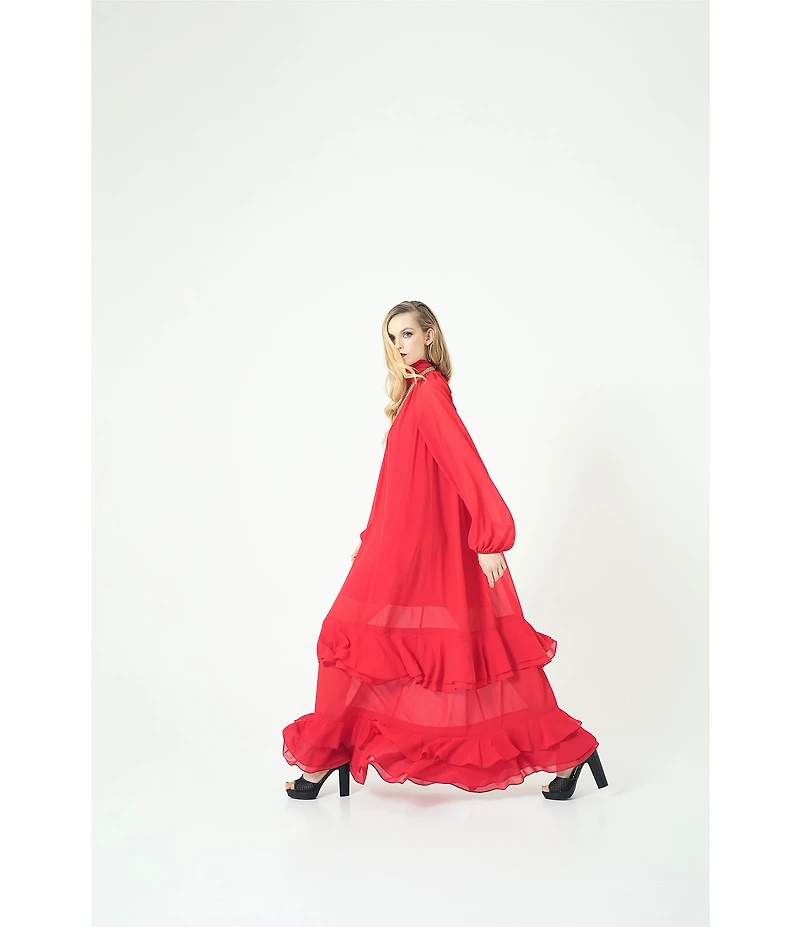 Le' AL.X Chiffon Ruched Mock Neck Long Blouson Sleeve Tiered Ruffle Shift Maxi Dress