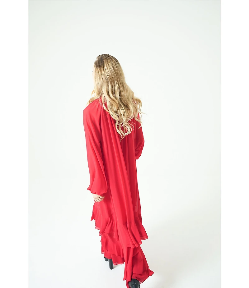Le' AL.X Chiffon Ruched Mock Neck Long Blouson Sleeve Tiered Ruffle Shift Maxi Dress