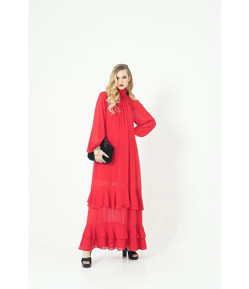 Le' AL.X Chiffon Ruched Mock Neck Long Blouson Sleeve Tiered Ruffle Shift Maxi Dress
