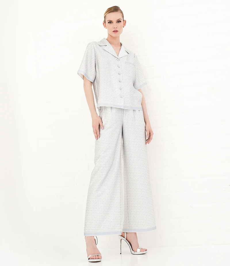 Le' AL.X Logo Print Satin Notch Lapel Short Sleeve Cropped Coordinating Camp Shirt