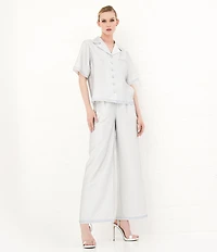 Le' AL.X Logo Print Satin Notch Lapel Short Sleeve Cropped Coordinating Camp Shirt