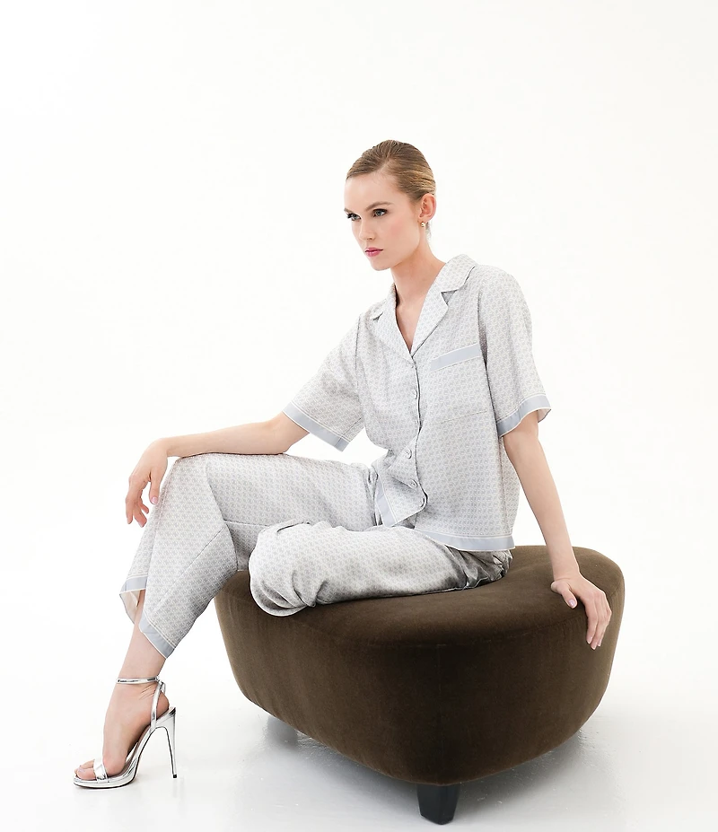 Le' AL.X Logo Print Satin Notch Lapel Short Sleeve Cropped Coordinating Camp Shirt