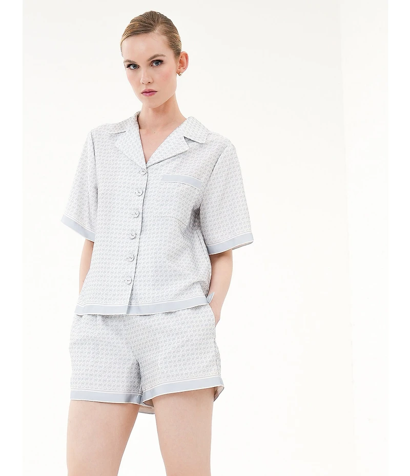 Le' AL.X Logo Print Satin Notch Lapel Short Sleeve Cropped Coordinating Camp Shirt