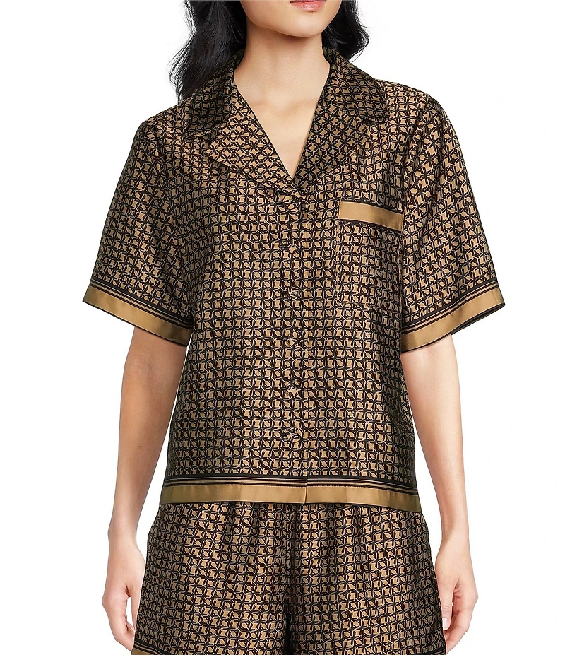 Le' AL.X Logo Print Satin Notch Lapel Short Sleeve Cropped Coordinating Camp Shirt