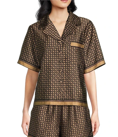 Le' AL.X Logo Print Satin Notch Lapel Short Sleeve Cropped Coordinating Camp Shirt