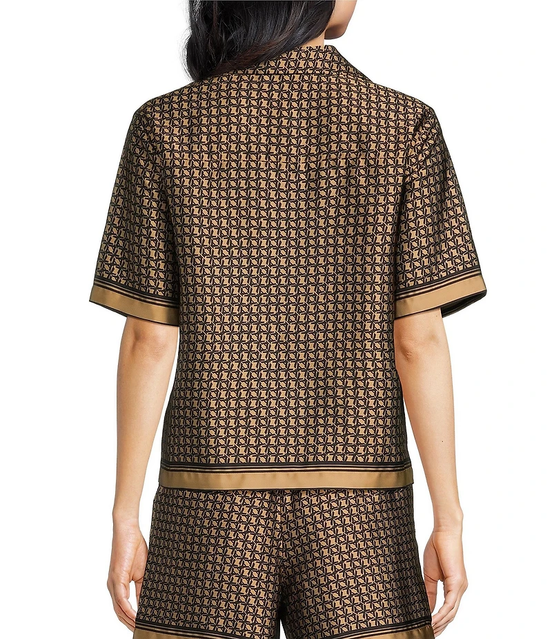 Le' AL.X Logo Print Satin Notch Lapel Short Sleeve Cropped Coordinating Camp Shirt