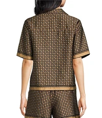 Le' AL.X Logo Print Satin Notch Lapel Short Sleeve Cropped Coordinating Camp Shirt