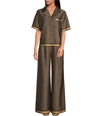 Le' AL.X Logo Print Satin Notch Lapel Short Sleeve Cropped Coordinating Camp Shirt