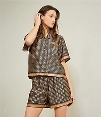 Le' AL.X Logo Print Satin Notch Lapel Short Sleeve Cropped Coordinating Camp Shirt