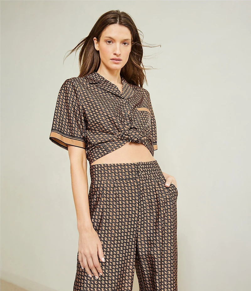 Le' AL.X Logo Print Satin Notch Lapel Short Sleeve Cropped Coordinating Camp Shirt