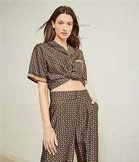 Le' AL.X Logo Print Satin Notch Lapel Short Sleeve Cropped Coordinating Camp Shirt