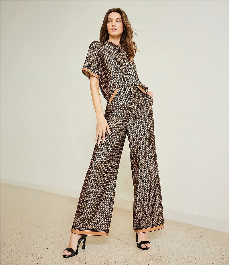 Le' AL.X Logo Print Satin Notch Lapel Short Sleeve Cropped Coordinating Camp Shirt