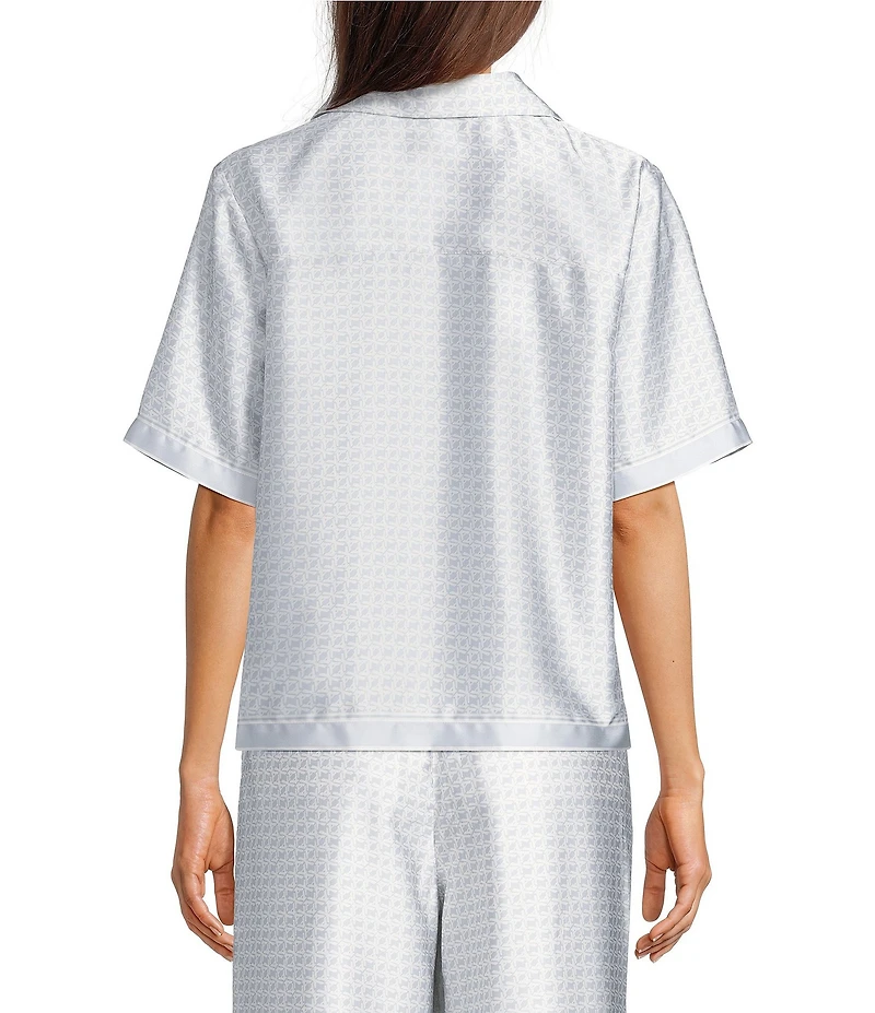 Le' AL.X Logo Print Satin Notch Lapel Short Sleeve Cropped Coordinating Camp Shirt
