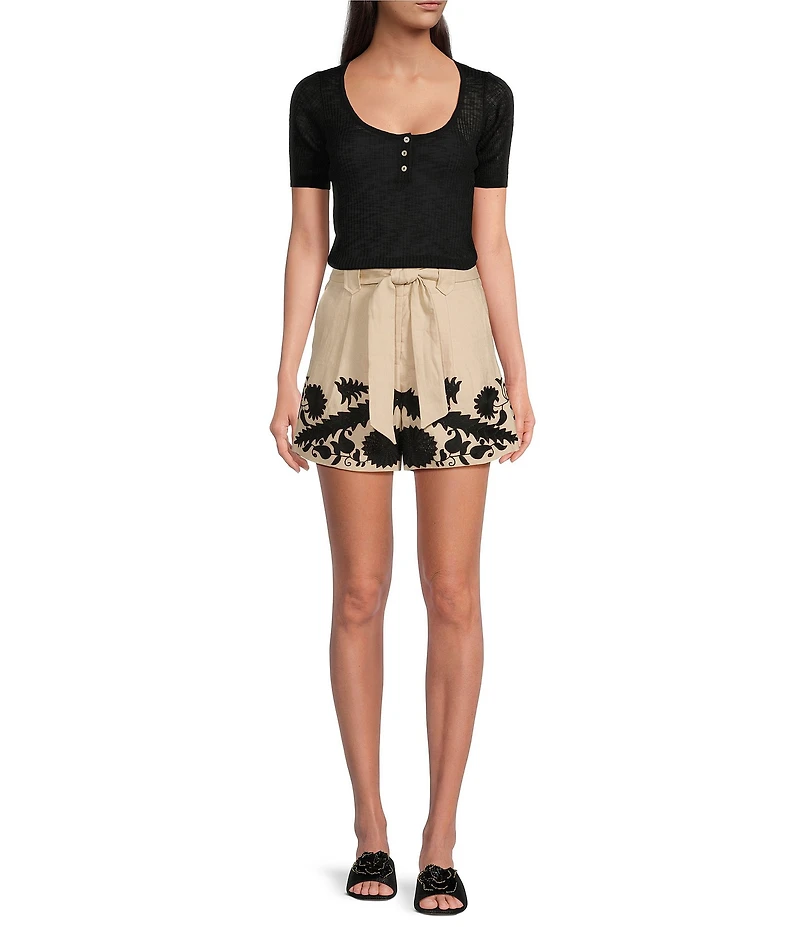 Le' AL.X Embroidered Linen High Rise Tie Waist Pocketed Trouser Coordinating Shorts