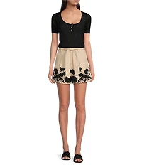 Le' AL.X Embroidered Linen High Rise Tie Waist Pocketed Trouser Coordinating Shorts