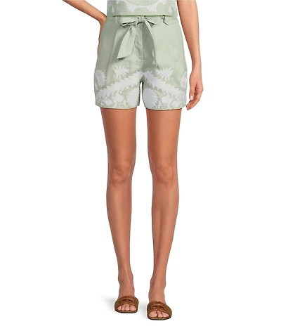 Le' AL.X Embroidered Linen High Rise Tie Waist Pocketed Trouser Coordinating Shorts