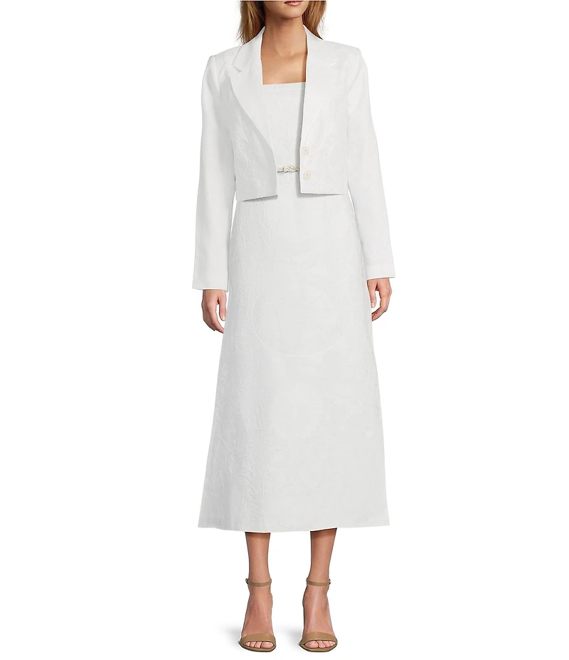 Le' AL.X Embroidered Linen Notch Lapel Long Sleeve Button Front Cropped Coordinating Blazer